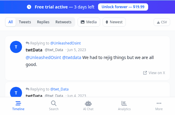 twtData archive viewer — browse tweets, replies, retweets, media and DMs from your X archive in the browser